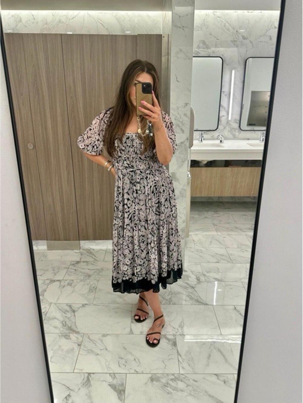 Anthropologie Black White Pink Smocked Square Neck Midi Dress Floral Sz S